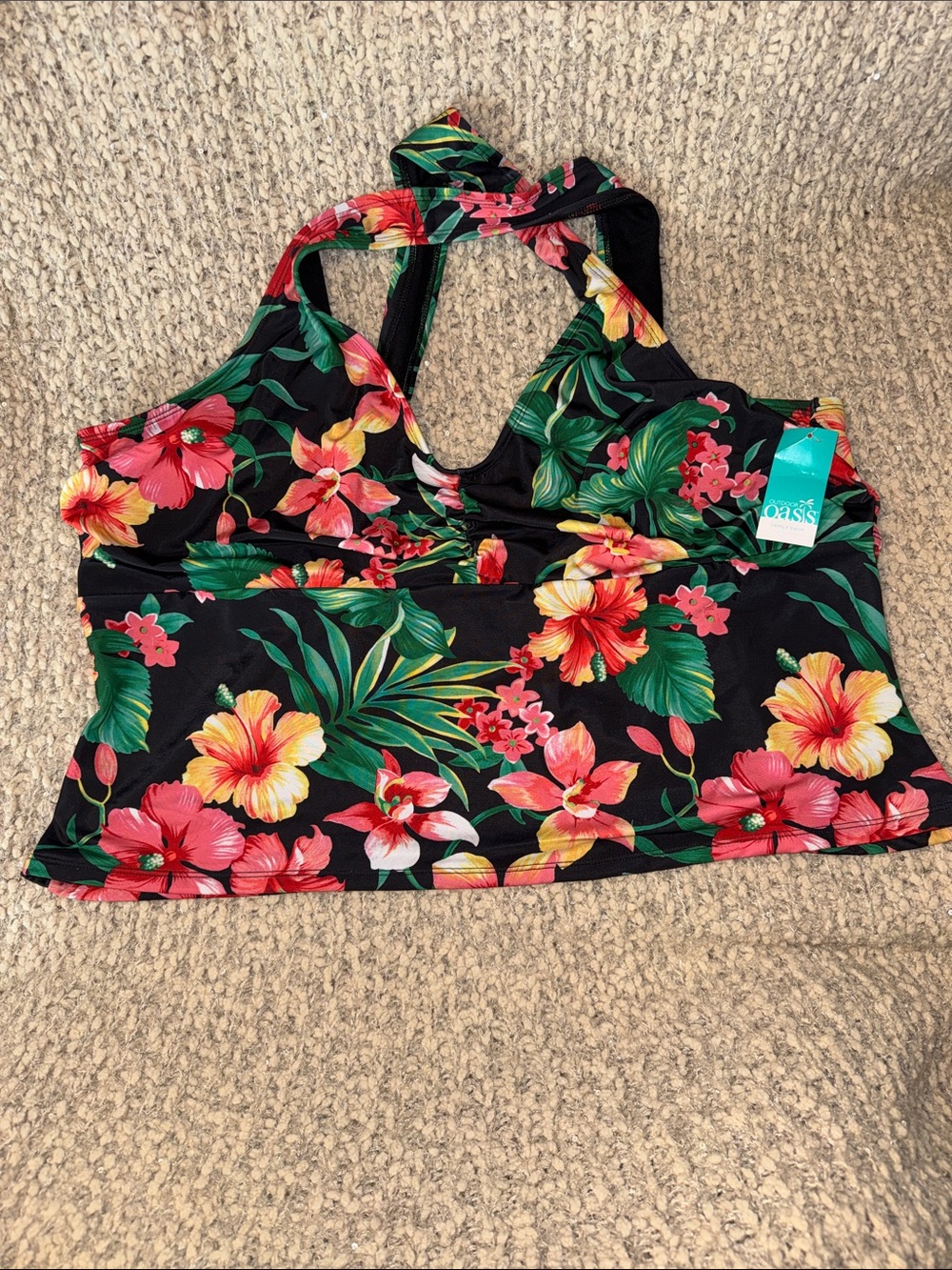 Oasis Black Tropical Floral Halter Swim Bikini Top 3X